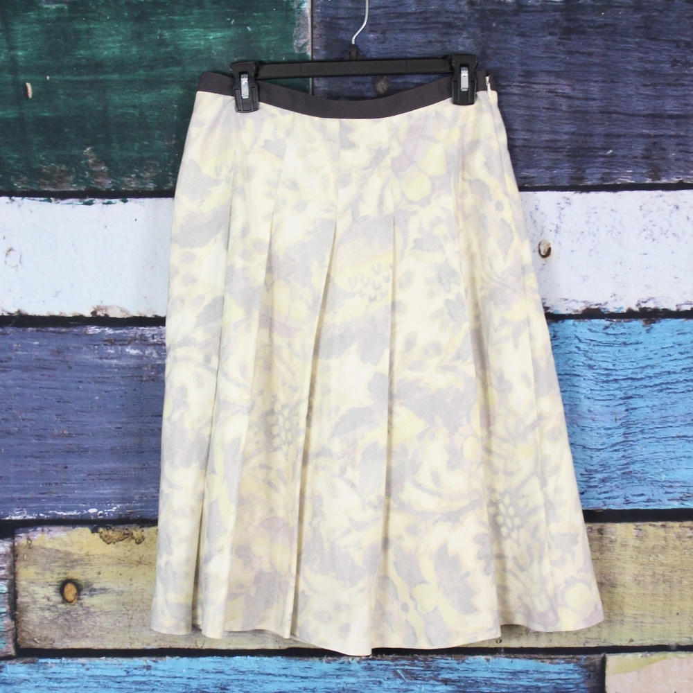 Anne Klein Yellow Gray Silk Floral Pleated Skirt